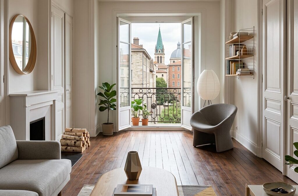 Intérieur d'un appartement ancien à Saint-Étienne - parquet, moulures et cheminée en fonte typiques du bâti XIXe