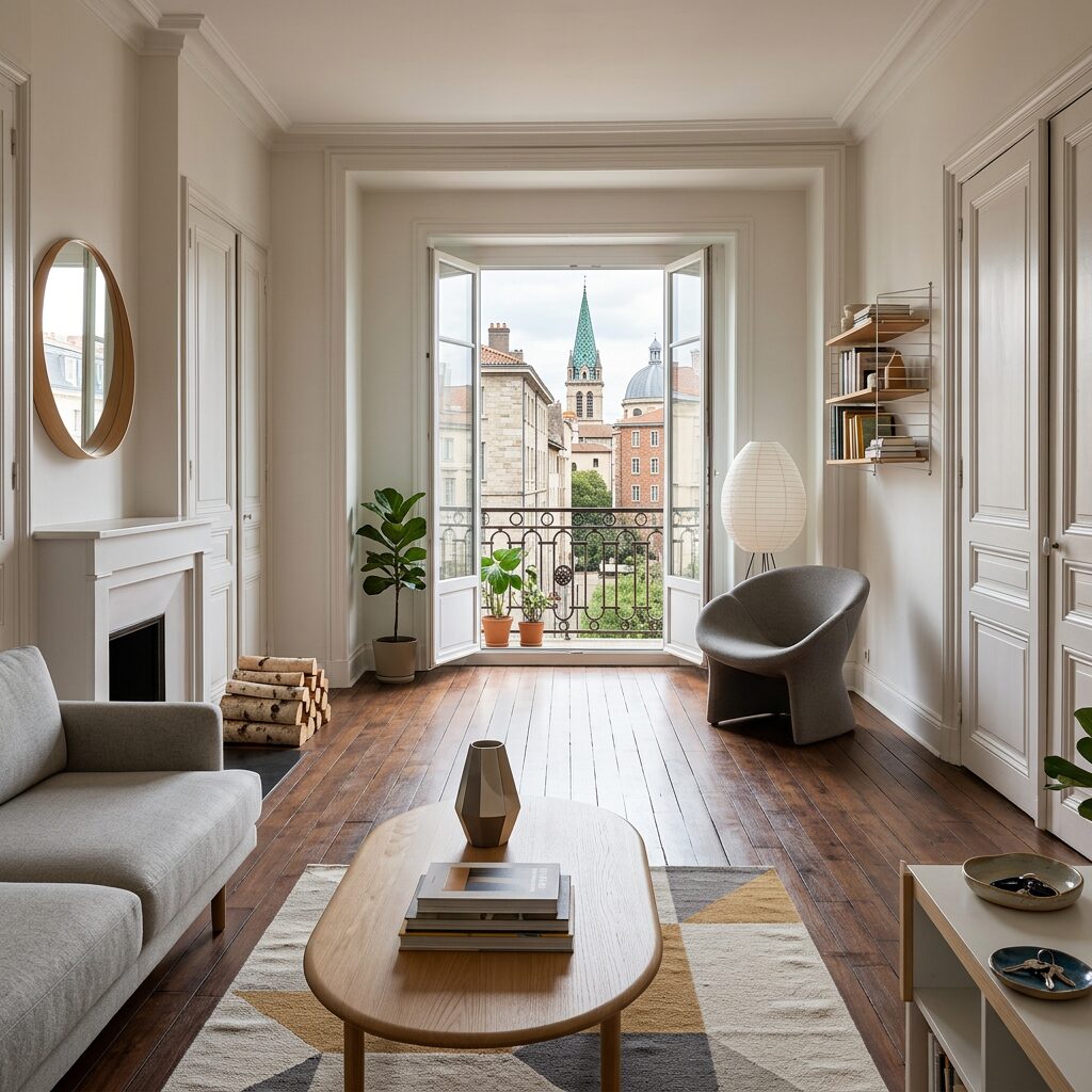Intérieur d'un appartement ancien à Saint-Étienne - parquet, moulures et cheminée en fonte typiques du bâti XIXe