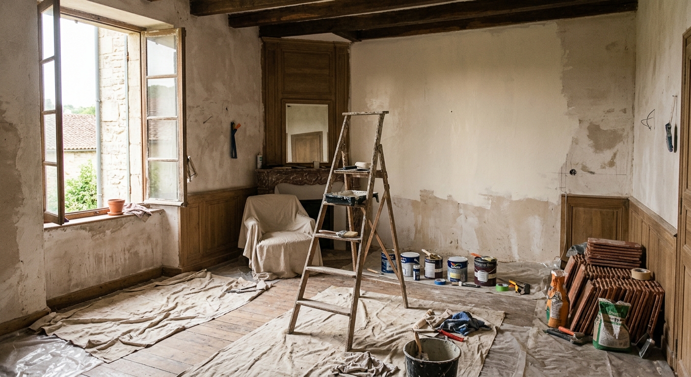 Pièce d’une maison ancienne en rénovation avec poutres, murs enduits, échelle, pots de peinture et bâches au sol