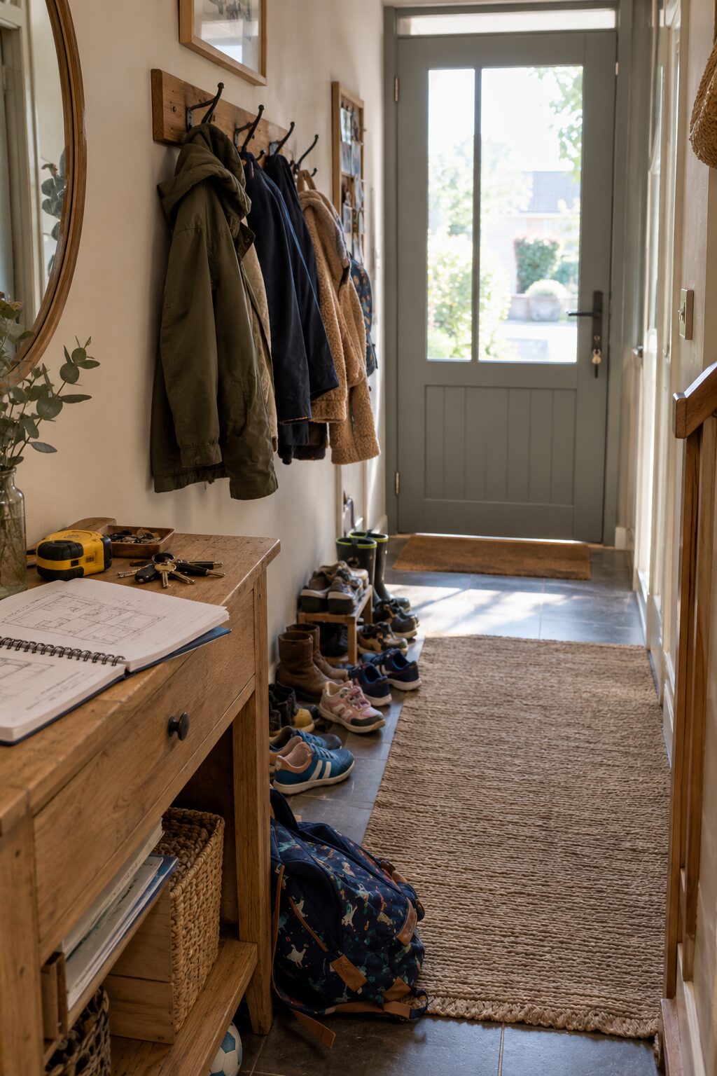 Entrée d’une maison de famille avec porte-manteaux, console en bois et chaussures d’enfants